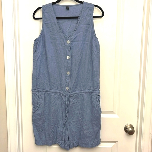 Esmara Blue Short Romper Linen Blend V Neck Drawstring Pockets Buttons Size 16 - Picture 1 of 10
